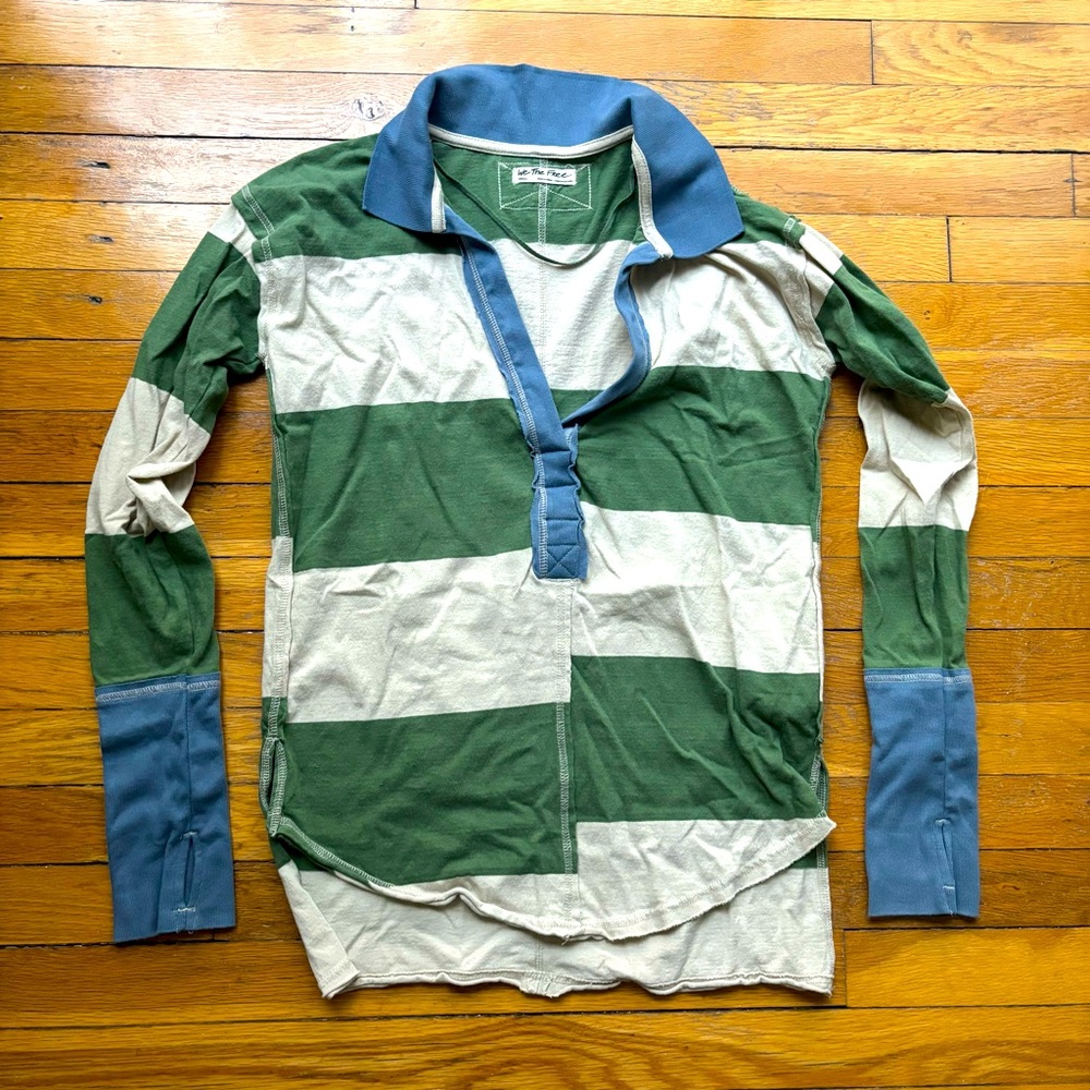 We The Free Green and White Striped Long Sleeve Polo Tee with Blue Accents